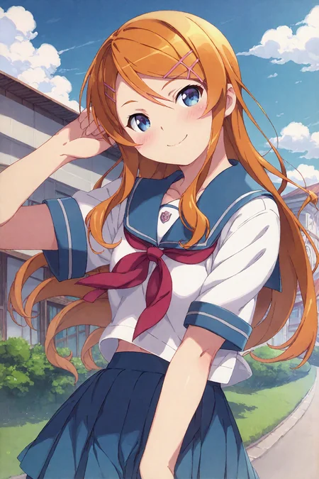 score_9,score_8_up,score_7_up,masterpiece,best quality,
Kanzaki Hiro Style,
1girl,school uniform,kousaka kirino,long hair,solo,serafuku,hair ornament,smile,blue eyes,kousaka kirino's school uniform,hairclip,orange hair,blush,
<lora:super lora_flyx3_XL_PONY:0.9>,