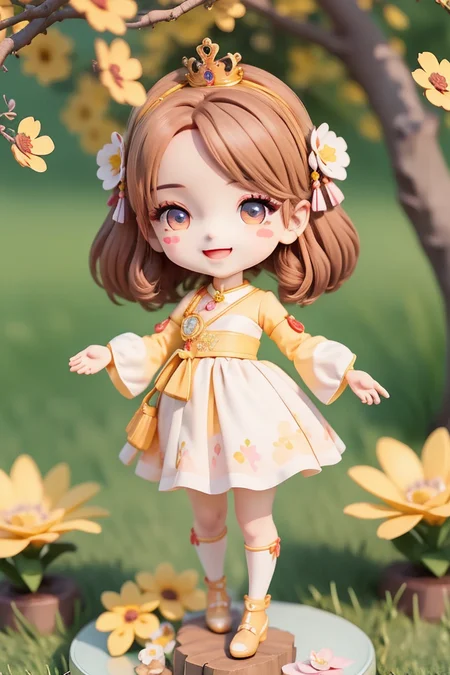 (Masterpiece), (Best Quality), (Ultra Detailed), (Full Body: 1.2),
1girl, chibi, cute, smiling, open mouth,
flowers, outdoors, music, blush, tree, :3, shirt, short hair, blur, blush stickers, long sleeves, bangs, brunette, yellow flowers,
(beautiful detailed face), (beautiful detailed eyes), <lora:blindbox_V1Mix:1>, <lora:cnGirlYcy_v10:1>, princess,crown,stand on a stake,  <lora:Moxin_10 (1):0.3>