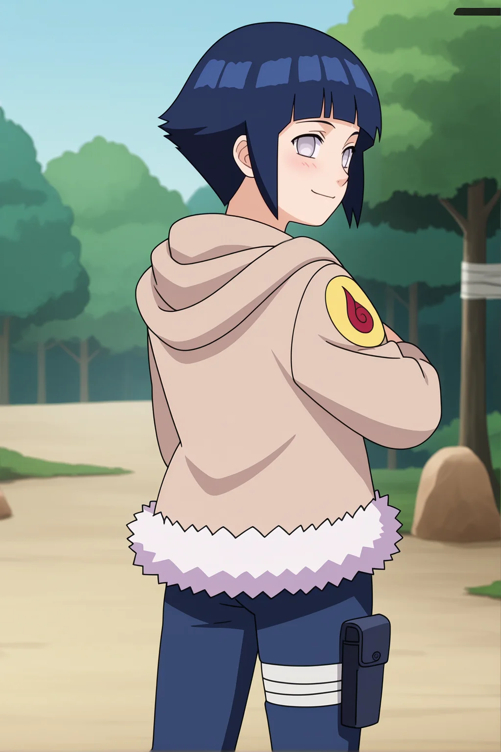 score_9, score_8_up,source_anime,
<lora:HinaGeninXL:1>,short hair, dark blue hair, no pupils, 1girl, blunt bangs, shiny hair, grey eyes, hoodie, solo, hood down, long sleeves, looking at viewer, blush, fur trim, capri pants, standing, smile, closed mouth,standing, cowboy shot, bandages, thigh holster, from behind, looking back,
outdoors, forest,
anime screencap, anime coloring,