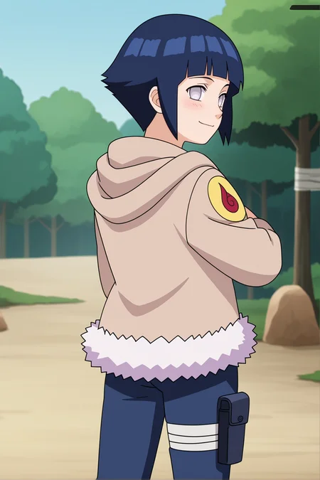 score_9, score_8_up,source_anime,
 <lora:HinaGeninXL:1>,short hair, dark blue hair, no pupils, 1girl, blunt bangs, shiny hair, grey eyes, hoodie, solo, hood down, long sleeves, looking at viewer, blush, fur trim, capri pants,  standing, smile, closed mouth,standing, cowboy shot, bandages, thigh holster, from behind, looking back,
outdoors, forest,
anime screencap, anime coloring,