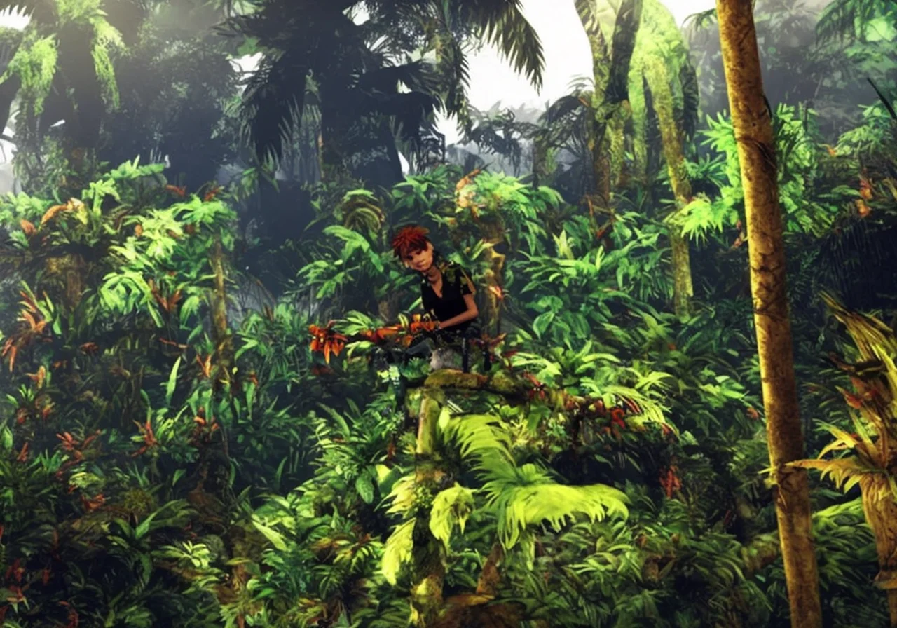 textless, junglepunk jungle trees, overgrown landscape, in another Amazonian jungle-punk world