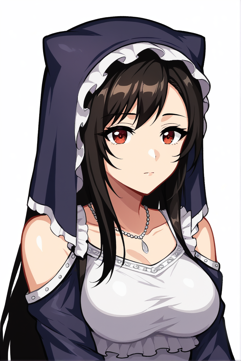 <lora:Tifa_LockhartV2:0.8>, white background, Tifa Lockhart, 1girl, solo, long hair, breasts, long sleeves, dress, closed mouth, jewelry, upper body, frills, necklace, expressionless, drill hair, veil, pendant, nun, habit