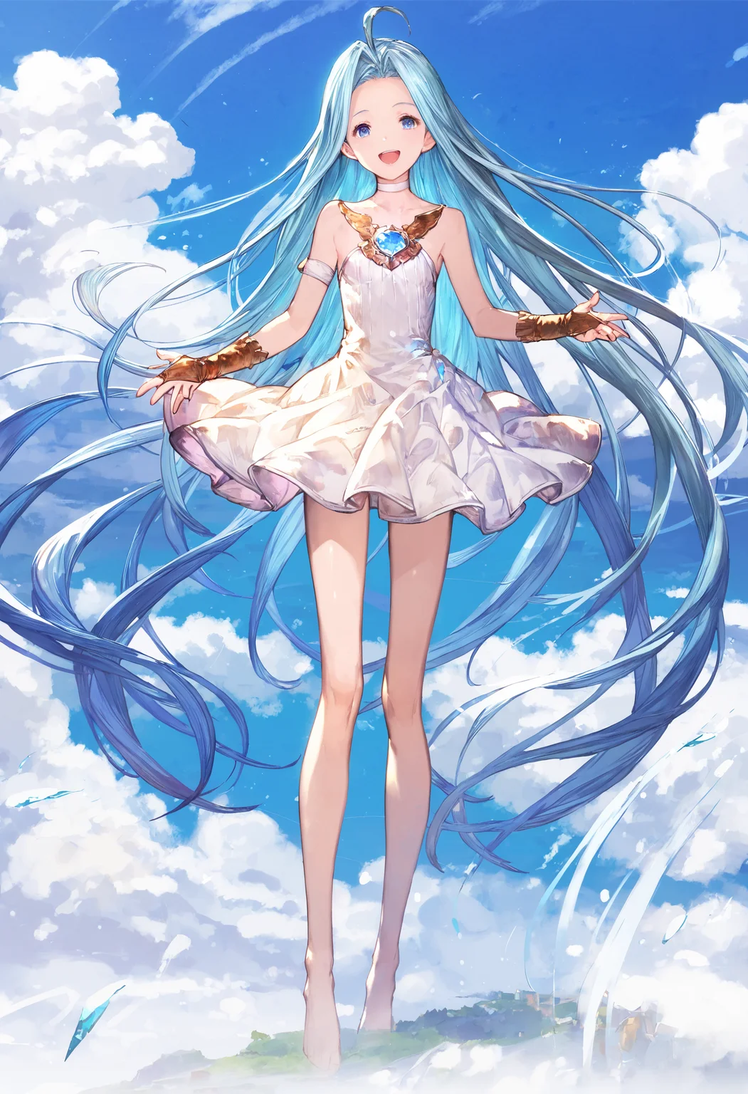 score_9, score_8_up, score_7_up,score_6_up, source_anime, best quality, aesthetic, absurdres, (artistic photograph, highly detailed:1.1), (kyoani:1.1), 
scenery, (blue sky:1.2), shiny skin, full body, 
1girl, solo, standing, smile, (clear eyes:1.2), looking at viewer, open mouth,
Lyria (Granblue Fantasy), long hair, blue hair, (skinny:1.2), small breasts, white choker, blue gem, white cami-dress, bare shoulders, strapless, bridal gauntlets, miniskirt, 
(clear eyes:1.1), <lora:Lyria-Pony:0.8>  <lora:IshikePony:0.3>
