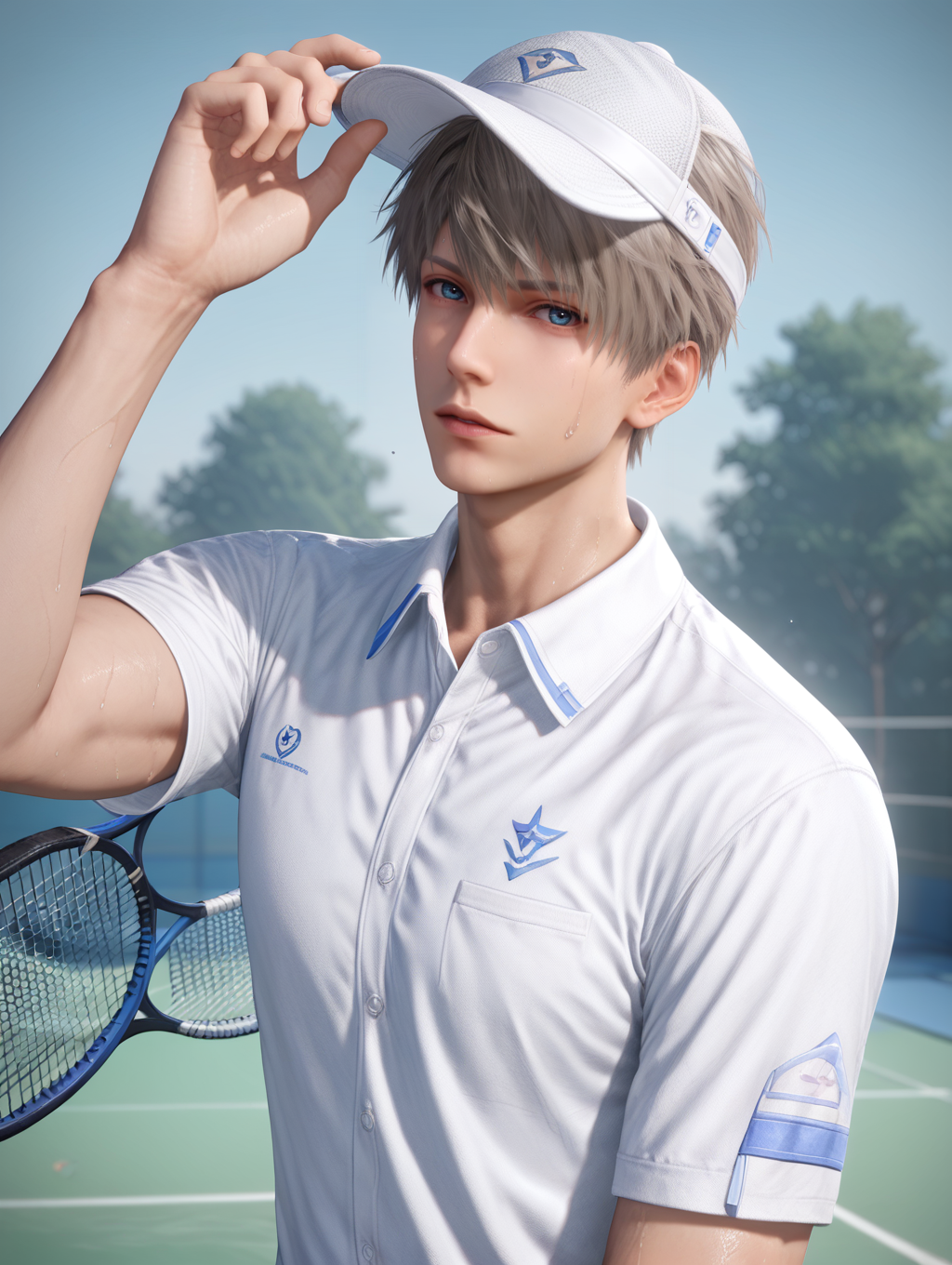 score_9,score_8_up,score_7_up,1boy,solo,yaoi,bara,male focus,fairly nsfw,uncersored,highres,best quality,amazing quality,best aesthetic,absurdres,<lora:add-detail-xl:1>,<lora:Expressive_H:1>,Expressiveh,<lora:xavier-000009:0.7>,xavier ,tennis_uniform,standing,holding hat,looking at viewer,sweat,parted lips,tennis court,