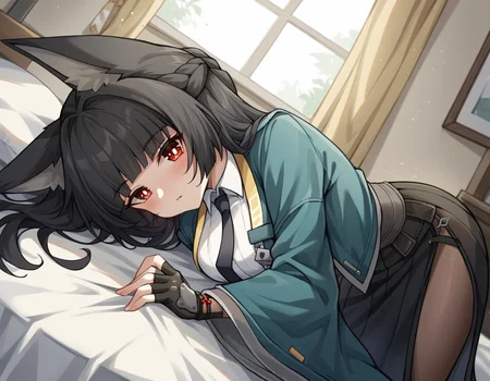 score_9, score_8_up, score_7_up, source_anime, miyabihoshimi, <lora:miyabi-hoshimi-ponyxl-lora-nochekaiser:1>, miyabi hoshimi,animal ear fluff, animal ears, black hair, bright pupils, fox ears, fox girl, half updo, long hair, red eyes, sidelocks, white pupils,, asymmetrical gloves, black gloves, black necktie, black skirt, blue jacket, collared shirt, fingerless gloves, gloves, high-waist skirt, jacket, long skirt, necktie, shirt, side slit, single fingerless glove, skirt, white shirt, wide sleeves,, indoors, bed, bed room, on side, blush, drunk, looking at viewer, solo, cowboy shot, dutch angle