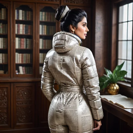 (from behind) one pakistani middle aged women wearing aVintage newspaper prints latex downsuit puffer_downsuit , hyperdetailed photography,4k textures,intricate details,4k resolution, <lora:puffer_downsuit_v1:0.4> indoors scene