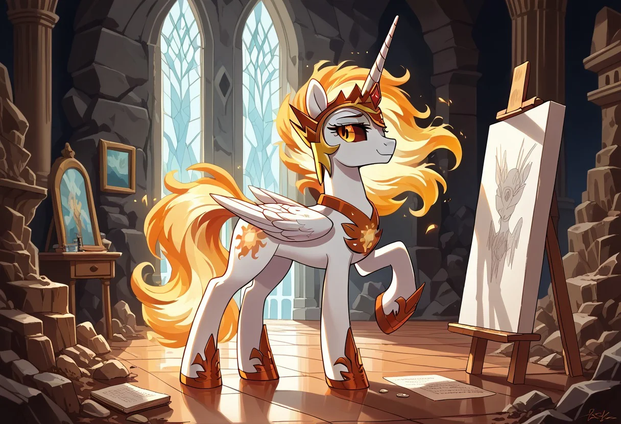 score_9, score_8_up, score_7_up, score_6_up, score_5_up, score_4_up, The dark side of Celestia, Daybreaker, alicorn pony, g5, rich colors, crystal castle, Crystal Empire, crystal heart in the center of the square, presents a painting of rabbits and pony, aroused, front view, detailed background, pony, solo, detailed, 8k quality, side view, beautiful, teasing, easel and brushes, leaned to the floor, free actions,