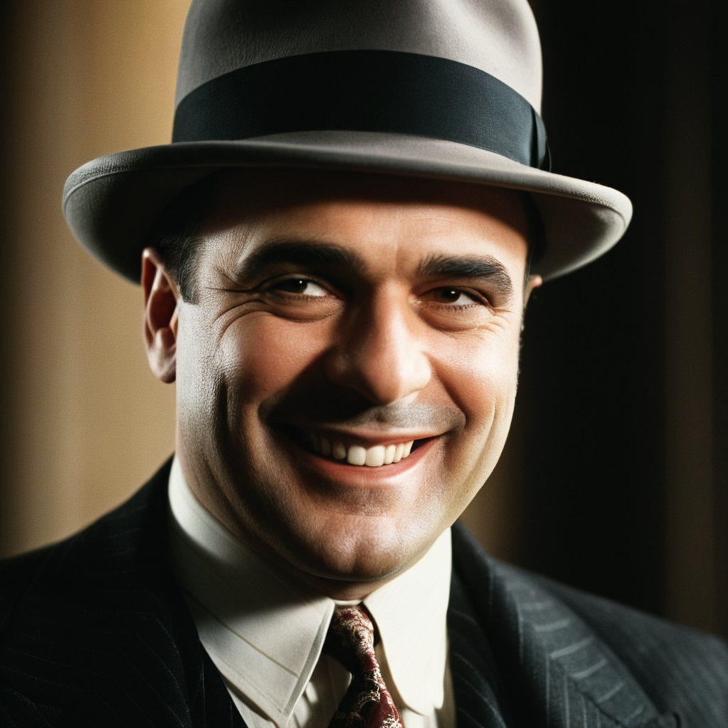 cinematic film still of  <lora:1930's style:1>
al capone smiling at camera creepy smile, shallow depth of field, vignette, highly detailed, high budget, bokeh, cinemascope, moody, epic, gorgeous, film grain, grainy