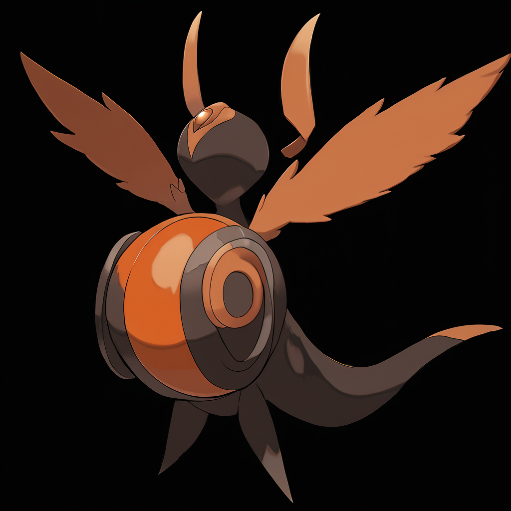 <lora:pokemon_pony_xl:1>, watercolor creature art like pokemon, Type: Ghost, Type: Steel, Egg Group: Flying, is a pokemon creature that It possesses a row of Copper spines along its forearms, used in defense and during mating displays,The monster's skin can harden into Brown plates on demand, offering an extra layer of protection during combat,The animal's hindquarters are adorned with Black stripes that pulse rhythmically, playing a role in mating rituals and social interactions,The creature can retract its limbs into its body, adopting a spherical shape to roll away from threats,It sings with the dawn, a chorus that welcomes the sun and stirs the world into waking score_9, score_8_up, score_7_up, score_6_up, score_5_up, score_4_up.  Simple black background, (Masterpiece:1.3) (best quality:1.2) (high quality:1.1)