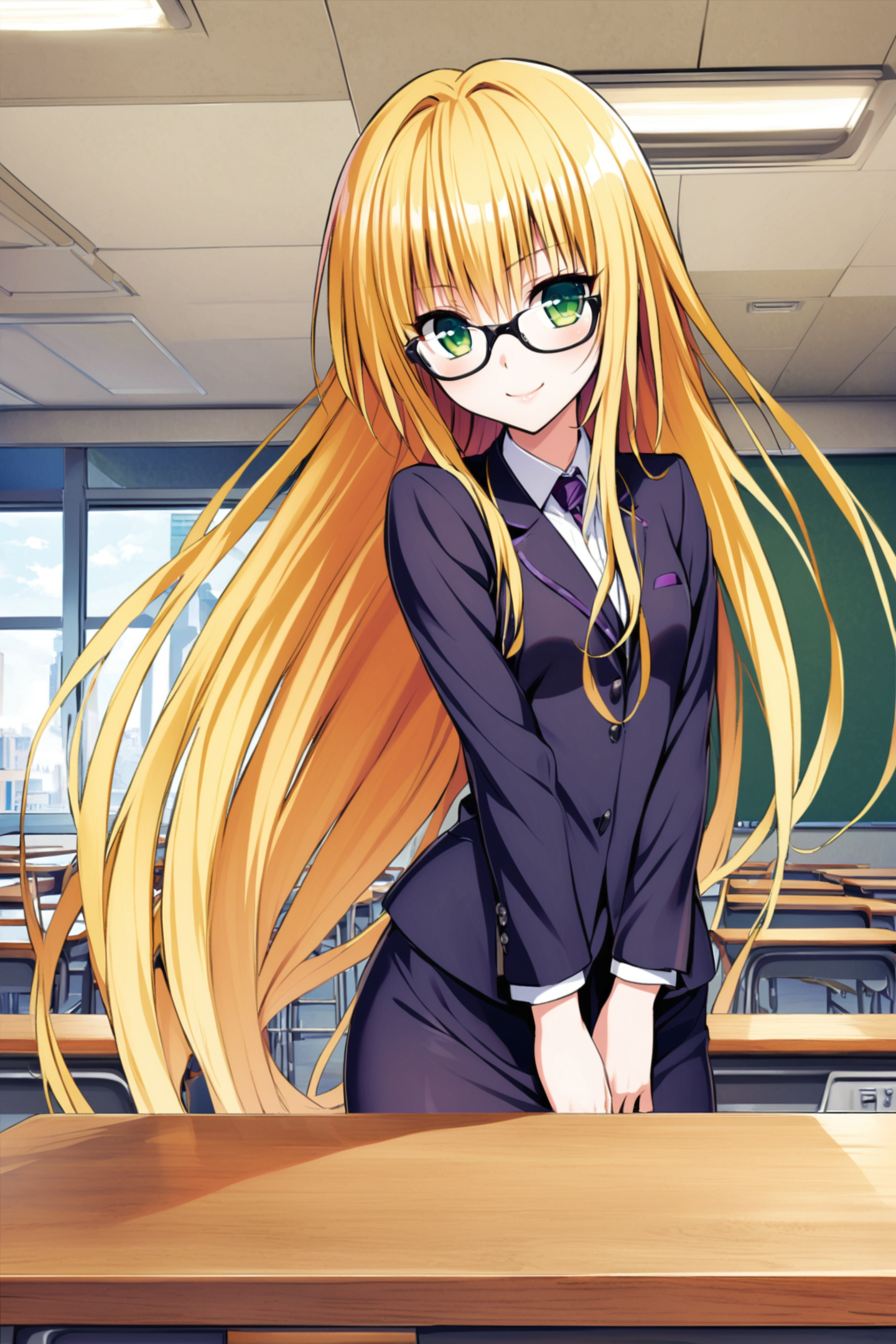Tearju Lunatique,1girl,long hair,blonde hair,solo,glasses,green eyes,smile,skirt,formal,classroom,table,skirt suit,suit,pencil skirt,jacket,looking at viewer,very long hair,v arms,<lora:Yabuki Kentarou_XL_V2:0.8>,