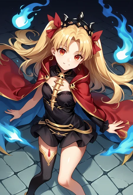 score_9, score_8_up, source_anime, EreshkigalBase, two side up, hair ribbon, tiara, black dress, short dress, single sleeve, gold trim, red cape, single thighhigh, black thighhigh, from above, blue flames, surrounded by blue fire, stone floor, smile, <lora:CHAR-EreshkigalPonyXL:1>