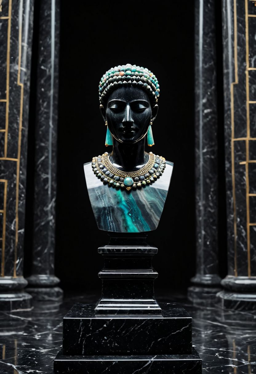 Fujifilm XT3, Sony A7 IV, (award winning photography) a (black: 0.79) marble simple stylized baal haddad (fetish-idol) made of opal (Kintsugi: 0.89) set on a pedestal in temple, glistening. in the background beautiful pillars, divine (iridescent: 0.79), opalescent textures, volumetric light, ethereal, sparkling, studio photo, highly detailed, sharp focus (highest quality: 1.39) (highest coherency: 1.39) (award winning photography), highly detailed photography, (muted colors, cinematic, dim colors, soothing tones:1.2), vibrant, insanely detailed, hyperdetailed, (dark shot:1.2), (vsco:0.3), (intricate details:0.9), (hdr, hyperdetailed:1.2) (vignette), sss, raw photo, fijifilm, kodak, cinematic film grain, mesopotamian, babylonian
