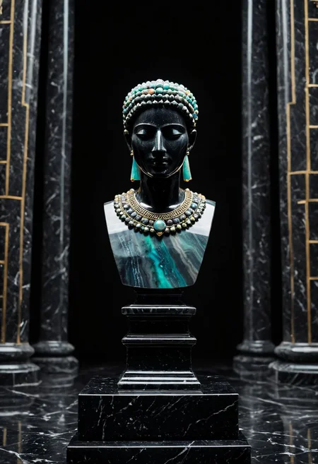 Fujifilm XT3, Sony A7 IV, (award winning photography) a (black: 0.79) marble simple stylized baal haddad (fetish-idol) made of opal (Kintsugi: 0.89) set on a pedestal in temple, glistening. in the background beautiful pillars, divine (iridescent: 0.79), opalescent textures, volumetric light, ethereal, sparkling, studio photo, highly detailed, sharp focus (highest quality: 1.39) (highest coherency: 1.39) (award winning photography), highly detailed photography, (muted colors, cinematic, dim colors, soothing tones:1.2), vibrant, insanely detailed, hyperdetailed, (dark shot:1.2), (vsco:0.3), (intricate details:0.9), (hdr, hyperdetailed:1.2) (vignette), sss, raw photo, fijifilm, kodak, cinematic film grain, mesopotamian, babylonian