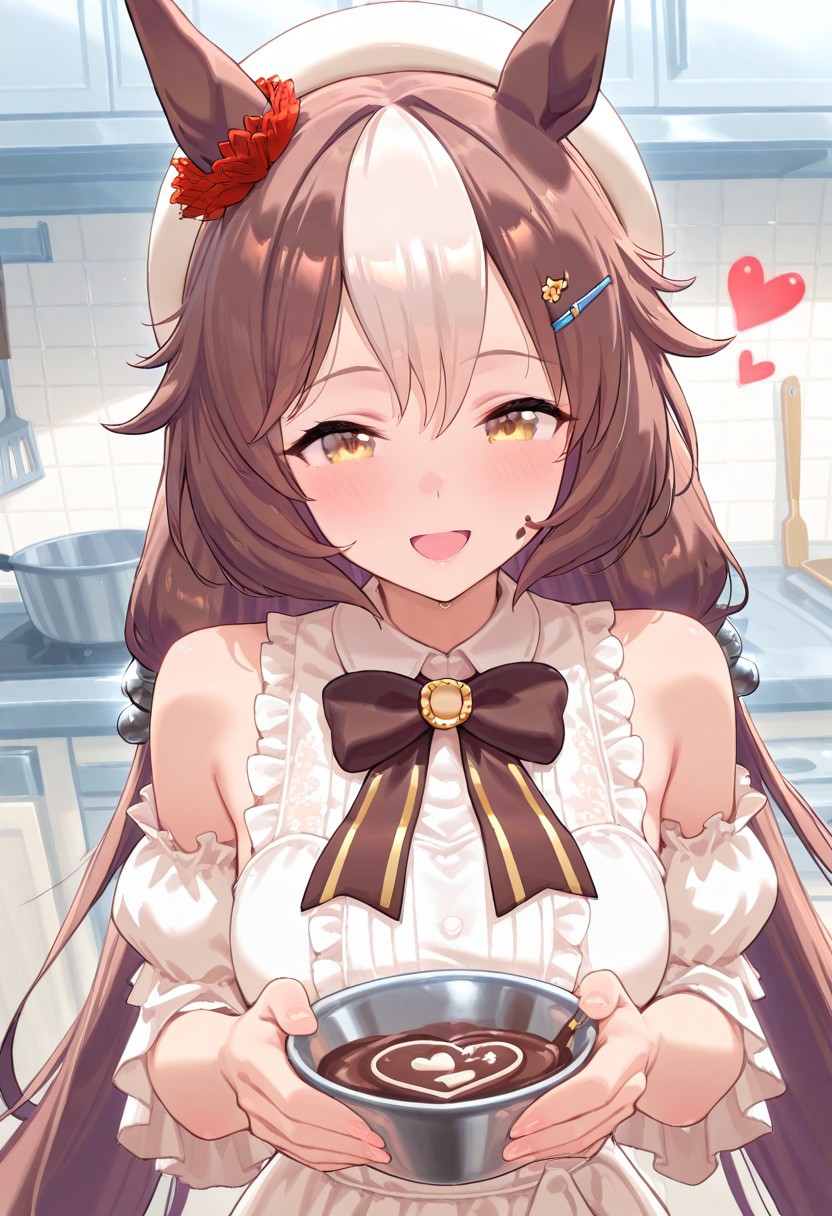 masterpiece,best quality,newest,extremely detailed,highres, absurdres, amazing quality,
yamanin_zephyr_(umamusume), 1girl, horse ears, horse girl, very long hair, brown hair, multicolored hair, hair between eyes, white hair, two-tone hair,
yam963valentine, hat, beret, white dress, white shirt, heart, frills, hairclip, bow, detached sleeves, thighhighs, white headwear, puffy short sleeves, smile, open mouth, making chocolate, chocolate dipping on face, kitchen, upper body