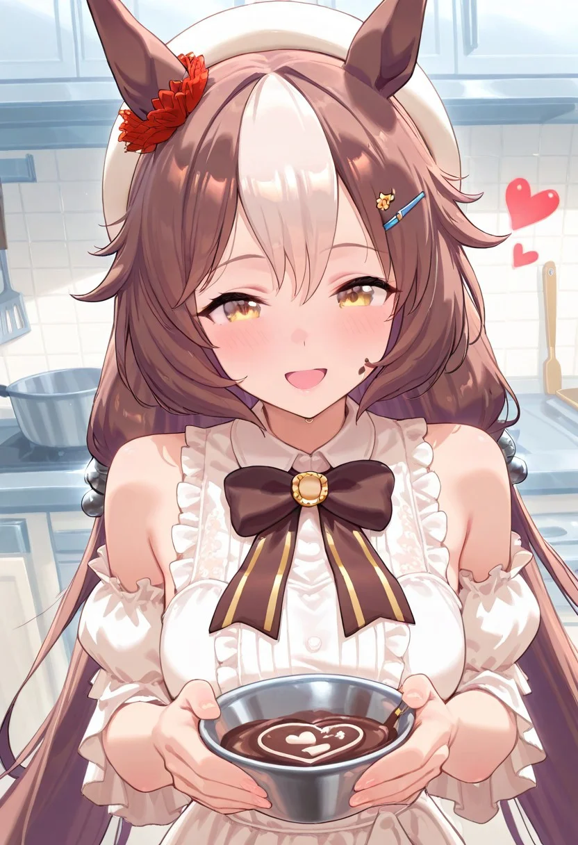 masterpiece,best quality,newest,extremely detailed,highres, absurdres, amazing quality,
yamanin_zephyr_(umamusume), 1girl, horse ears, horse girl, very long hair, brown hair, multicolored hair, hair between eyes, white hair, two-tone hair,
yam963valentine, hat, beret, white dress, white shirt, heart, frills, hairclip, bow, detached sleeves, thighhighs, white headwear, puffy short sleeves, smile, open mouth, making chocolate, chocolate dipping on face, kitchen, upper body