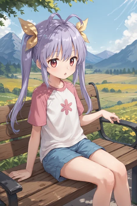 score_9, score_8_up, score_7_up, BREAK
1girl, miyauchi renge, hair ribbon, shirt, shorts, sitting, on bench, triangle mouth, open mouth, BREAK
outdoors, mountain, day, bench, blurry, depth of field, BREAK
<lora:add-detail-xl:1>, <lora:PerfectEyesXL:0.3>, <lora:CinematicStyle_v1:0.5>, <lora:t0nym0r3XLP:0.7>, <lora:Renge_pdxl_v1.0:0.85>