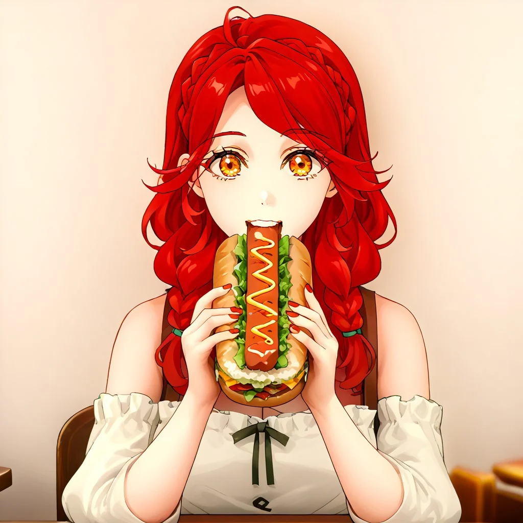 solo, 1girl, Lucrezia_UM, red hair, amber eyes, braided buns, deli, restaurant, holding, sandwich, biting , looking at viewer, surprised, absurdres, 4kres, source_anime, score_7_or_higher, freebos_smoothiestyle