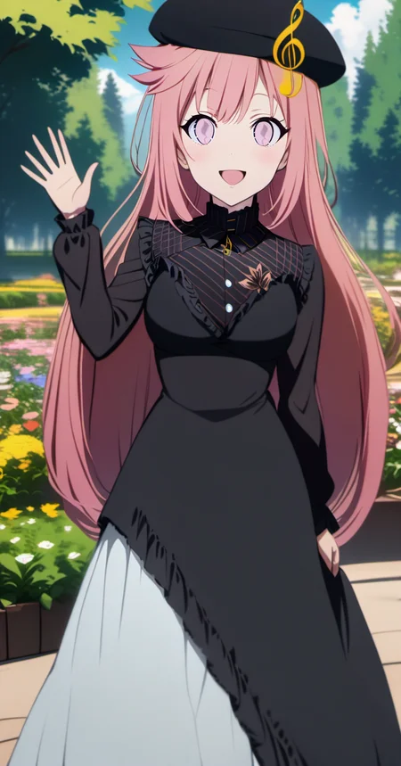 ailand,priscadys,mainoutfit,1girl, solo,((cowboy shot,lower body)),pink hair, ((pink eyes)),looking at viewer, ,long hair, breasts,, bangs,medium breasts, very long hair, <loractl:priscadys_v1_33:1,0@.5> , hair flaps, breasts, ,black headwear, beret,treble clef, dress,long sleeves,black sleeves,shirt,black shirt,striped,musical note, frills,frilled dress,outdoors,flowers,garden,trees,blue sky, clouds,day, ((black dress)),<lora:ailand_style_v2:0.8>,anime_coloring,anime_keyvisual,smile,blush,open mouth, :D,waving,hand_up,skirt,white skirt, ((long_dress)),long_skirt,black sleeves,feet out of frame,