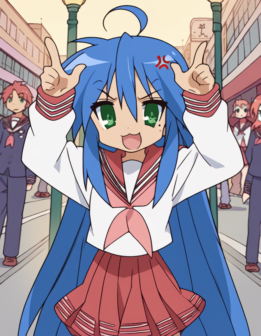score_9, score_8_up, score_7_up, source_anime, <lora:konata-izumi-s1-ponyxl-lora-nochekaiser:1>, konata izumi, long hair, very long hair, green eyes, blue hair, ahoge, mole, mole under eye,, skirt, long sleeves, school uniform, pleated skirt, serafuku, sailor collar, neckerchief, red skirt, ryouou school uniform,, city street, evening, streetlights, walking dog, quiet neighborhood, gentle breeze, smile, <lora:horns-pose-ponyxl-lora-nochekaiser:1>, horns pose, index fingers raised, angry, steam, open mouth, shouting, anger vein,, looking at viewer, solo,, dutch angle, cowboy shot