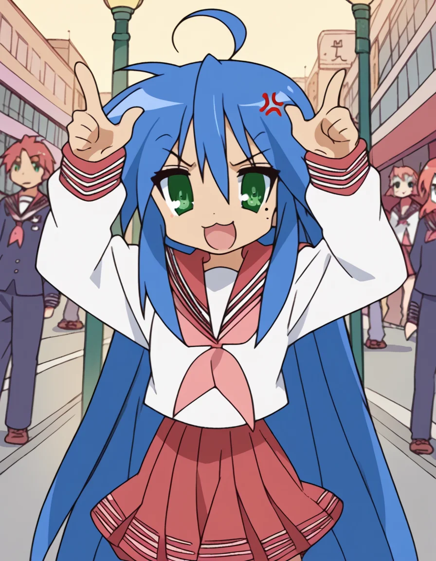 score_9, score_8_up, score_7_up, source_anime, <lora:konata-izumi-s1-ponyxl-lora-nochekaiser:1>, konata izumi, long hair, very long hair, green eyes, blue hair, ahoge, mole, mole under eye,, skirt, long sleeves, school uniform, pleated skirt, serafuku, sailor collar, neckerchief, red skirt, ryouou school uniform,, city street, evening, streetlights, walking dog, quiet neighborhood, gentle breeze, smile, <lora:horns-pose-ponyxl-lora-nochekaiser:1>, horns pose, index fingers raised, angry, steam, open mouth, shouting, anger vein,, looking at viewer, solo,, dutch angle, cowboy shot