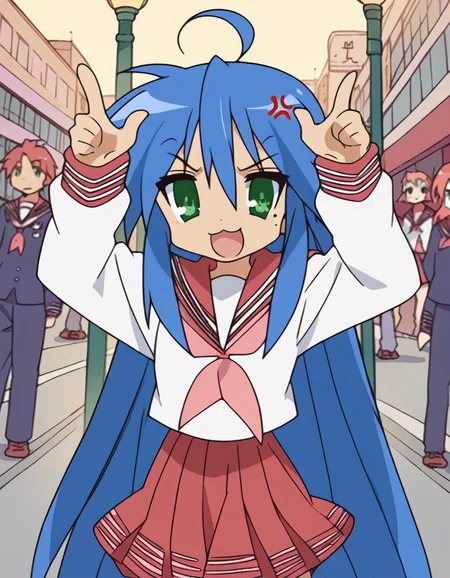 score_9, score_8_up, score_7_up, source_anime, <lora:konata-izumi-s1-ponyxl-lora-nochekaiser:1>, konata izumi, long hair, very long hair, green eyes, blue hair, ahoge, mole, mole under eye,, skirt, long sleeves, school uniform, pleated skirt, serafuku, sailor collar, neckerchief, red skirt, ryouou school uniform,, city street, evening, streetlights, walking dog, quiet neighborhood, gentle breeze, smile, <lora:horns-pose-ponyxl-lora-nochekaiser:1>, horns pose, index fingers raised, angry, steam, open mouth, shouting, anger vein,, looking at viewer, solo,, dutch angle, cowboy shot