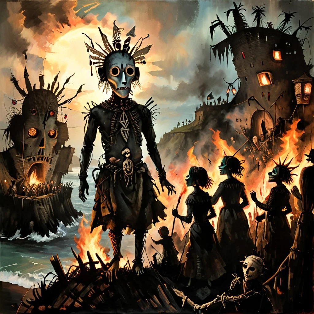warm light style, DonMn1ghtm4reXL, stephen gammell (artist), chiaroscuro, low-key, great lighting, corcoc3s, c3s,(Folk rural horror:1.5), (isolated island community:1.3), (massive wicker man structure:1.5), (twilight scene on coastal cliff:1.2), (jubilant villagers dancing:1.4), (pagan ritual atmosphere:1.3), (protagonist trapped inside wicker man:1.4), (terrified expression visible through gaps:1.3), (flickering torches illuminating scene:1.2), (ominous bonfire preparations:1.3), (traditional folk costumes with unsettling masks:1.4), (contrast between festive mood and impending doom:1.5), (Celtic-inspired designs on wicker man:1.2), (stormy sea in background:1.1), oil painting technique, hyper-detailed, 8k resolution, unsettling warm light from flames, (sense of inescapable fate:1.3), (blurred line between celebration and cruelty:1.4), photorealistic textures, (oppressive inevitability:1.3), (implicit threat in joyful faces:1.4), (foreboding atmosphere despite festivities:1.5)