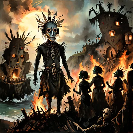 warm light style, DonMn1ghtm4reXL, stephen gammell (artist), chiaroscuro, low-key, great lighting, corcoc3s, c3s,(Folk rural horror:1.5), (isolated island community:1.3), (massive wicker man structure:1.5), (twilight scene on coastal cliff:1.2), (jubilant villagers dancing:1.4), (pagan ritual atmosphere:1.3), (protagonist trapped inside wicker man:1.4), (terrified expression visible through gaps:1.3), (flickering torches illuminating scene:1.2), (ominous bonfire preparations:1.3), (traditional folk costumes with unsettling masks:1.4), (contrast between festive mood and impending doom:1.5), (Celtic-inspired designs on wicker man:1.2), (stormy sea in background:1.1), oil painting technique, hyper-detailed, 8k resolution, unsettling warm light from flames, (sense of inescapable fate:1.3), (blurred line between celebration and cruelty:1.4), photorealistic textures, (oppressive inevitability:1.3), (implicit threat in joyful faces:1.4), (foreboding atmosphere despite festivities:1.5)