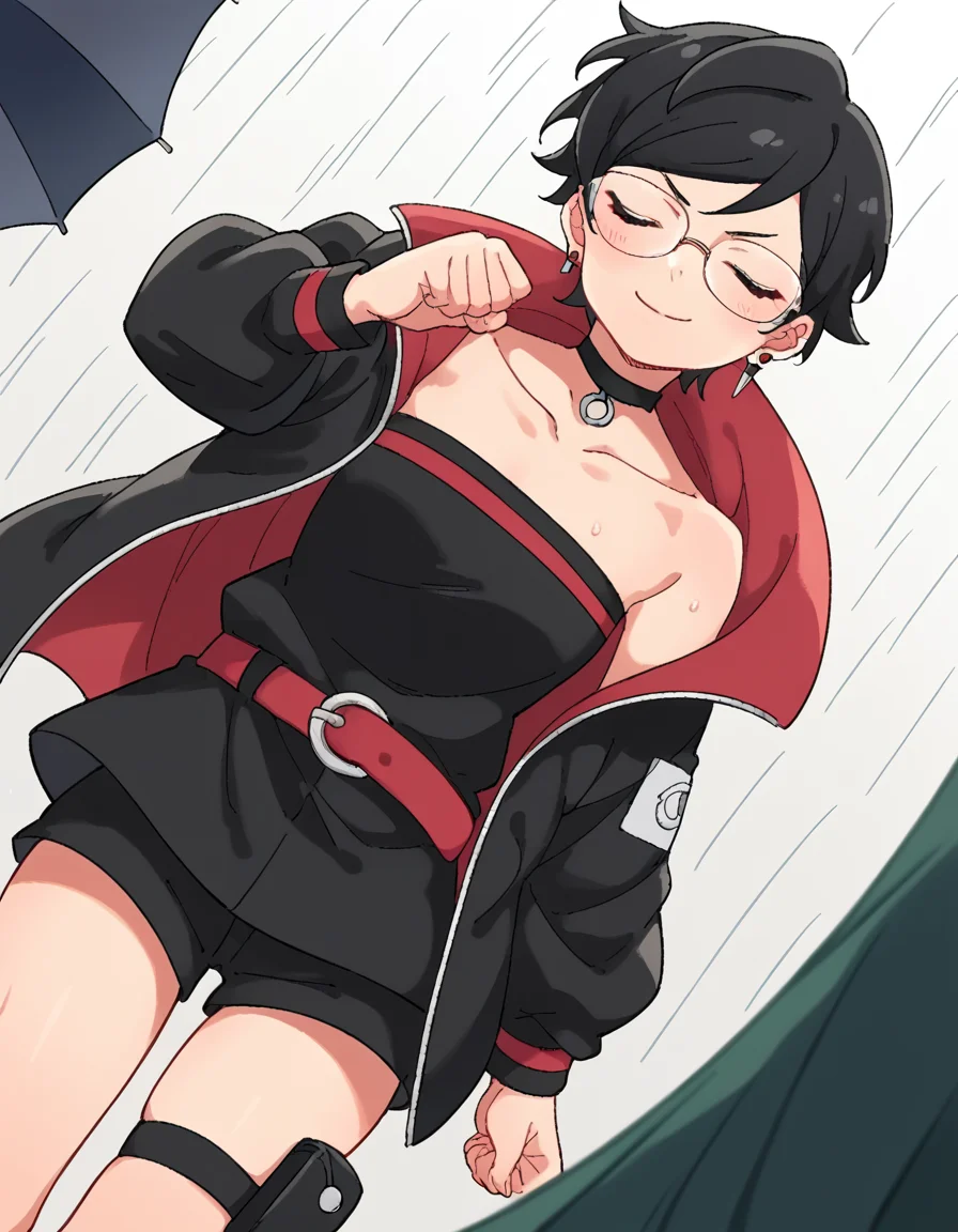 score_9, score_8_up, score_7_up, source_anime, <lora:sarada-uchiha-two-blue-vortex-manga-ponyxl-lora-nochekaiser:1>, sarada uchiha, short hair, black hair, glasses, black eyes,, bare shoulders, jewelry, collarbone, jacket, earrings, shorts, choker, belt, black dress, black jacket, strapless, thigh strap, black shorts, strapless dress, holster, thigh holster, red belt, thigh pouch, rainy day, umbrella, walking home, puddles, wet hair, smile, <lora:shikairo-days-dance-ponyxl-lora-nochekaiser:1>, shikairo days dance, shikairo days dance (meme), dancing, meme, closed eyes, clenched hands, glowsticks, blush, smile,, looking at viewer, solo,, dutch angle, cowboy shot
