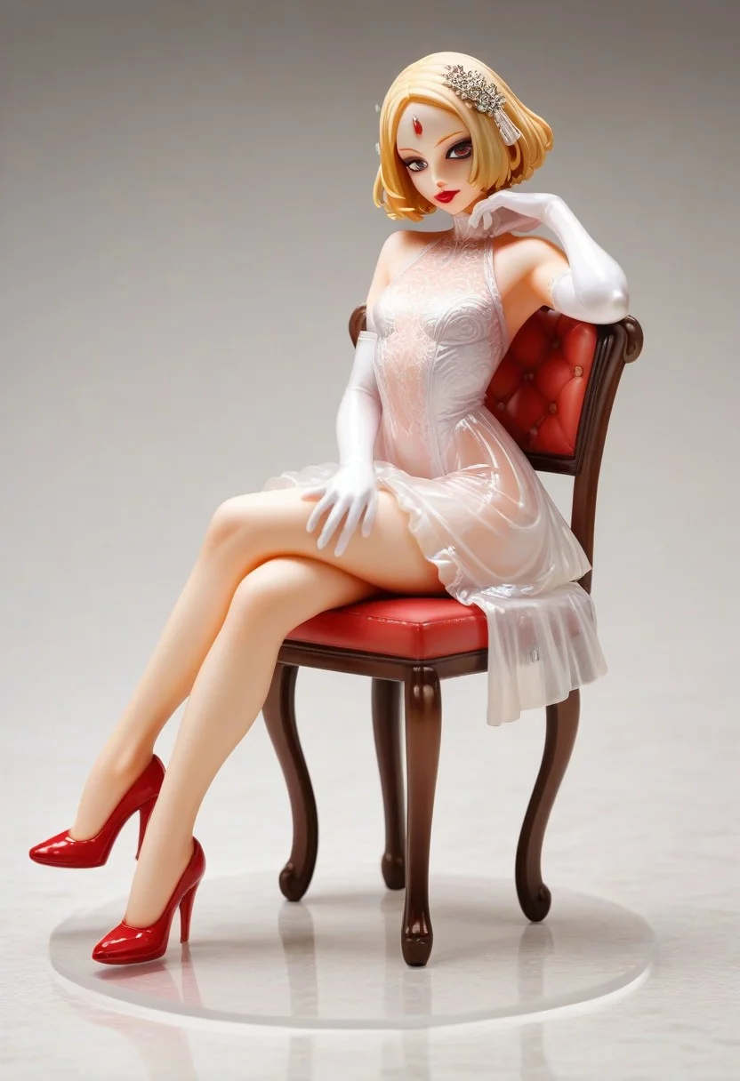 score_9, score_8_up, score_7_up, score_6_up, score_5_up, score_4_up 1girl, semi-transparent pinkdress, candie, sandie, mandie, short hair, blonde hair, femme fatale, bangs, forehead, red lipstick, (eyeliner:.9), elbow gloves, hair ornament, high heels, sitting, high chair, wide angle lower dutch view, chiaroscuro, sharp focus
