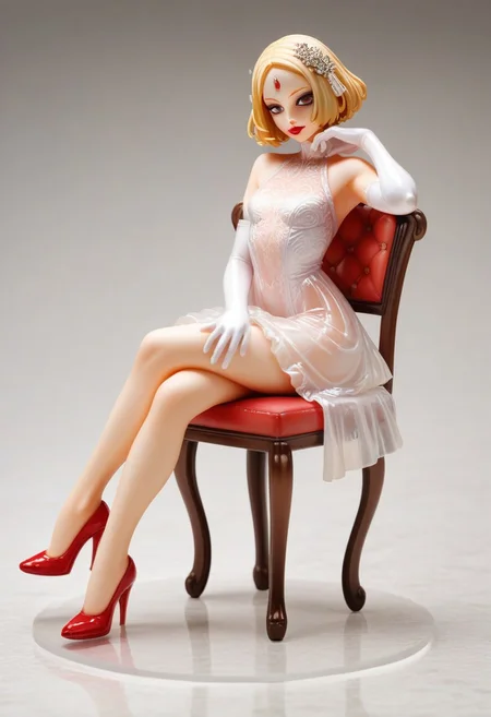 score_9, score_8_up, score_7_up, score_6_up, score_5_up, score_4_up 1girl, semi-transparent pinkdress, candie, sandie, mandie, short hair, blonde hair, femme fatale, bangs, forehead, red lipstick, (eyeliner:.9), elbow gloves, hair ornament, high heels, sitting, high chair, wide angle lower dutch view, chiaroscuro, sharp focus