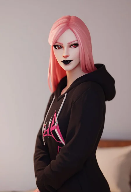 score_9, score_8_up, score_7_up, BREAK, Hazefn, cute, black hoodie, pink long hair, black lips, bedroom, rim lighting, depth of field, <lora:RELSM_v1:.9>