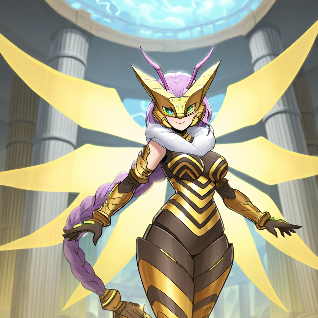 highres, best quality, masterpiece, very aesthetic,1girl,solo,queenbeemon,purple hair,braided ponytail,hair ornament,green eyes,antenna,newponold, <lora:QueenBeemonIllustrious:1>, cowboy shot,indoors,arena,pillars,energy wings,lightning