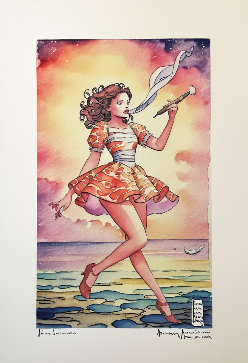 MMWC,a princess with her tiger and white eagle,watercolors,watercolor technique,pen and ink line arts,watercolor french paper texture,watercolor brush strokes, milo manara watercolors art style,,milo manara art style,watercolors,watercolor paper,watercolor techniques,watercolor brush texture,watermark.