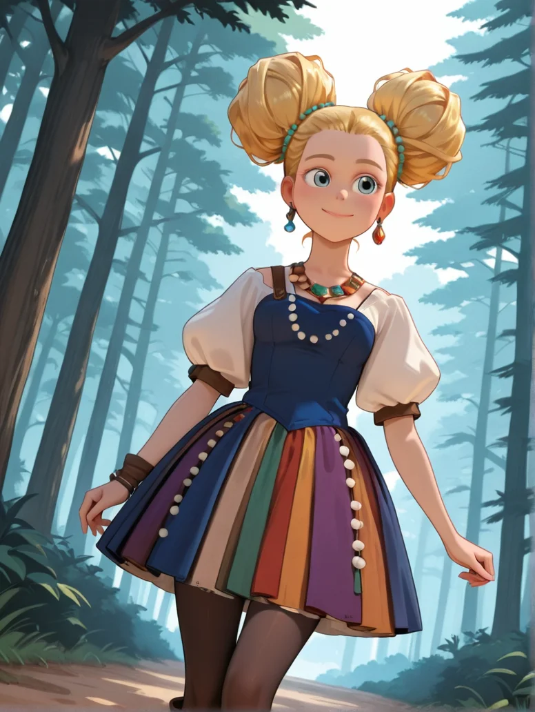 masterpiece, best quality, amazing quality, very aesthetic, absurdres, newest, detailed background, outdoors, dynamic angle, cartoon, cowboy shot, forest,
goldixd, 1girl, solo, jewelry, blonde hair, earrings, smile, striped, necklace, boots, puffy sleeves, hair bun, pantyhose, double bun, dress, standing, posing, blue eyes,
<lora:Goldilocks_-_Dreamworks_Illustrious:1>