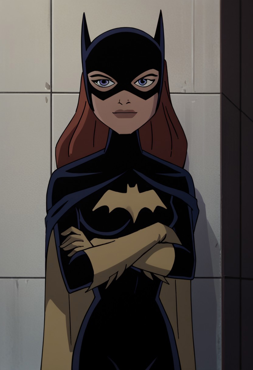 score_9_up, score_8_up, score_7_up, ben10afstyle, 1 girl, solo, batgirl, blue eyes, ginger hair, long hair, mask, gloves, bodysuit, cape, batgirl classic suit, closed_mouth, smirk, leaning against wall, arms crossed, simple background