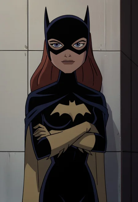 score_9_up, score_8_up, score_7_up, ben10afstyle, 1 girl, solo, batgirl, blue eyes, ginger hair, long hair, mask, gloves, bodysuit, cape, batgirl classic suit, closed_mouth, smirk, leaning against wall, arms crossed, simple background