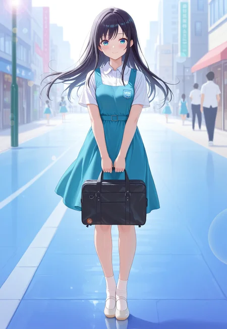 masterpiece, best quality,amazing quality,(1girl), solo,(depth of field),(solo focus),8K,HDR,(ultra high res),(highres),(full body),(lens flare),smile,blush,(black hair),(long hair),(blue eyes),(floating hair), sidelocks,(malaysian secondary school uniform),(pinafore dress),(aqua blue skirt),(blue pinafore),(collared shirt),(white shirt),(short sleeves),(white socks),(short socks),(white footwear),(ballet flat),(outdoor),(cityspace),(city),(street),(lampost),(standing),(looking at viewer),(holding school bag)