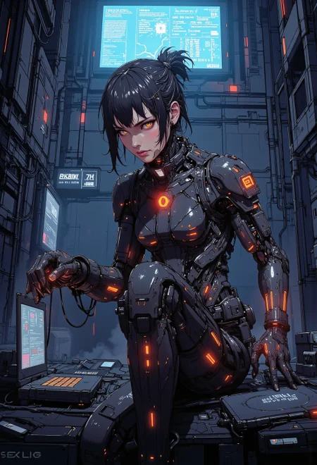 <lora:ck-nc-luminal-genesis:1>, A digital anime artwork in the style of cklg, a cyberpunk humanoid woman with a shiny reflective intricate shiny mechanical high tech component bodysuit, neonpunk, (looking mysteriously at the viewer, eye contact), direct eye contact. a scanner scans the viewer, hunter, nistyle
in a hacker room, stealing hard disk drives
<lora:ck-Sci-Fi-Concepts:0.3>
<lora:flux.1_lora_flyway_Epic-detail_v2:0.6>
<lora:CPA:0.5>
<lora:test2:0.7>
<lora:Anime v1.3:0.2>