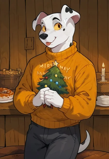 score_9, score_8_up, score_7_up, hi res, high quality, anthropomorphic_snakes_(naga), orange body, spotted body, yellow sclera, slit pupil, scales, no humans, tail, colored sclera, inside, fluffy_new_year, merry_furistmas, cozy yellow sweater, christmas three, portrait, happy, tongue,  male, Rolly, Dalmatian, anthro, snake dog