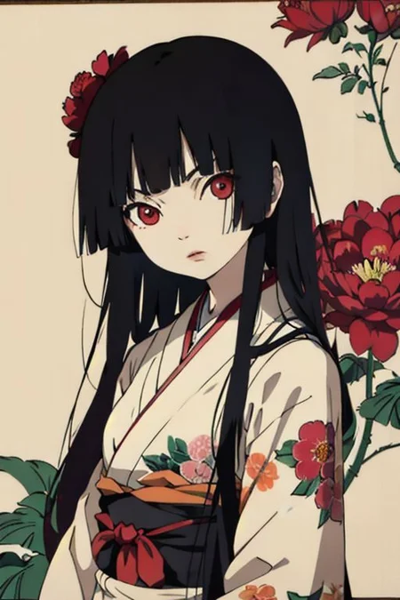 enma ai, hair down, hair black, bangs, eyes red, masterpiece, best quality, ultra-detailed, illustration, 1girl, solo, highres, photorealistic, ultra high res, (Original illustration composition), (fusion of limited color, Maximalism artstyle, kimono obi fashion, double exposure, background, illustration, Amazing, lily spider, night darkness, open one's mouth, flowers red, (polychromatic peony:1.15), Movie poster, ink Chinese
