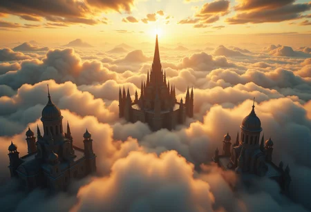 the most realistic, photorealistic photo ever taken [flythrough a ANCIENT majestical city in the clouds, GOLDEN HOUR, a dream world , shifting landscapes, and ethereal creatures, Captured with a Hasselblad X2D 100C and an 80mm f/1.9 lens, hyper-realistic textures, soft studio lighting, elegant shadows, styled for a Vogue beauty editorial, incredible realism, creamy bokeh, ultra-detailed textures, perfect lighting, styled for a Vogue cover]  aidmaimageupgrader, aidmamj6.1