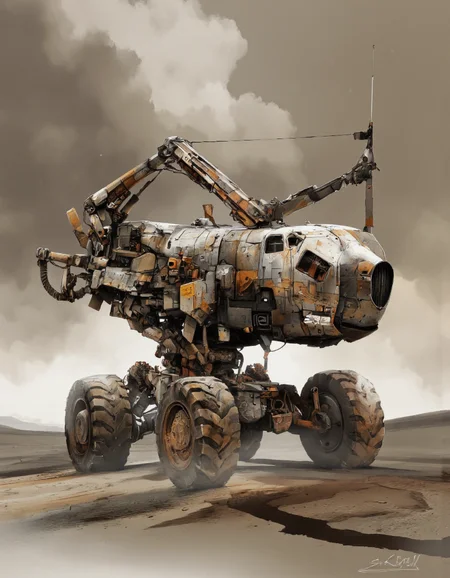 A digital illustration shoot from a frontal camera angle about a futuristic, sci-fi-themed vehicle with a large, robotic arm and multiple robotic components, set against a misty, smoky background. the image also shows detailed textures and a signature in the bottom right corner. on the middle of the image, a large robot with a crane-like arm is positioned, facing the viewer. the robot appears to be in a desert-like environment, with a sandy terrain and a distant landscape in the background. it has a sleek, metallic design with a textured surface and intricate details, including large, angular windows and a robotic arm extending from the back. the robotic arm is attached to the back of the robot, and it has multiple robotic parts, including a large antenna and a control panel, as well as several robotic arm attachments. the vehicle has four large, rusted tires, and its body is covered in a variety of mechanical components, giving it a rugged, industrial feel. the overall color palette is muted, with shades of brown and beige, giving the image a sense of depth and atmosphere.
