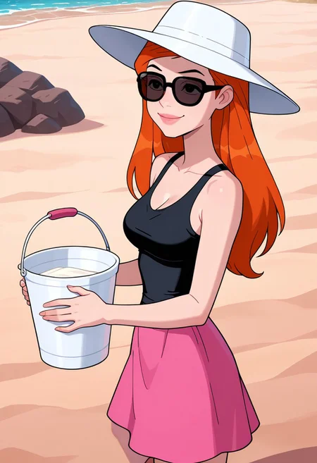 gwenuaf, 1girl, long hair, black tank top, long pink summer skirt, white bucket hat, sunglasses, solo,, orange hair, lips, breasts, smile , masterpiece, best quality, amazing quality, very aesthetic, absurdres, newest, on the beach, summer vacation,