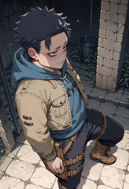 score_9,score_8_up,score_7_up,score_6_up,score_5_up,score_4_up,rating_explicit,source_anime,1boy,gothic,blue hoodie,tan jacket,boots,black pants,holster,from above,<lora:Sinozick_Style_XL_Pony:1>,sinozick style,flat color,dark theme,<lora:Wim:0.8>,perspective,