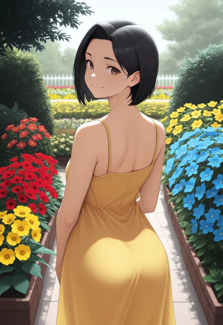 masterpiece, best quality, 1girl, solo, brown eyes, black hair, short hair, from behind, looking at viewer, yellow sundress, outdoors, garden, yellow flower, red flower, blue flower, smile, <lora:ChamYamadaSanaeNoob:1>