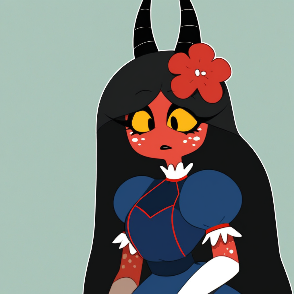 female focus, solo focus, solo, score_9, score_8_up, score_7_up, <lora:HelluvaMomsV1:1> 1girl, HelluvaBossMoxxiemomv1, demon girl, horns, black horns, dress, blue dress, gloves, white gloves, hair ornament, flower, long hair, hair flower, pufy short sleeves, yellow sclera, colored skin, colored sclera