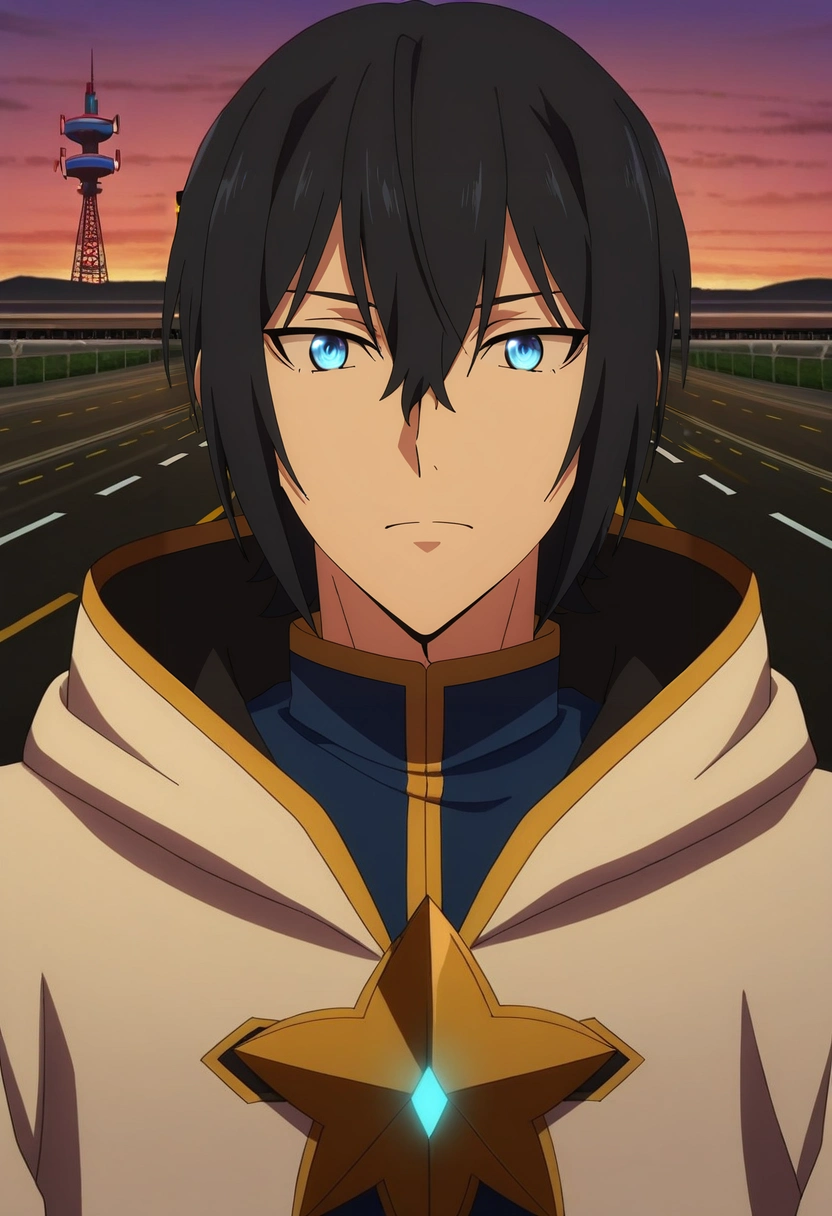 masterpiece, best quality, intricate details, anime screencap, anime coloring, official style, looking at viewer, 1boy, solo, male focus, <lora:ren_amaki_ilxl:0.9>, ren_amaki, black hair, blue eyes, hair between eyes, , airport runway, glowing taxiway, parked planes, control tower, guiding pose, focused expression, twilight glow, king costume
