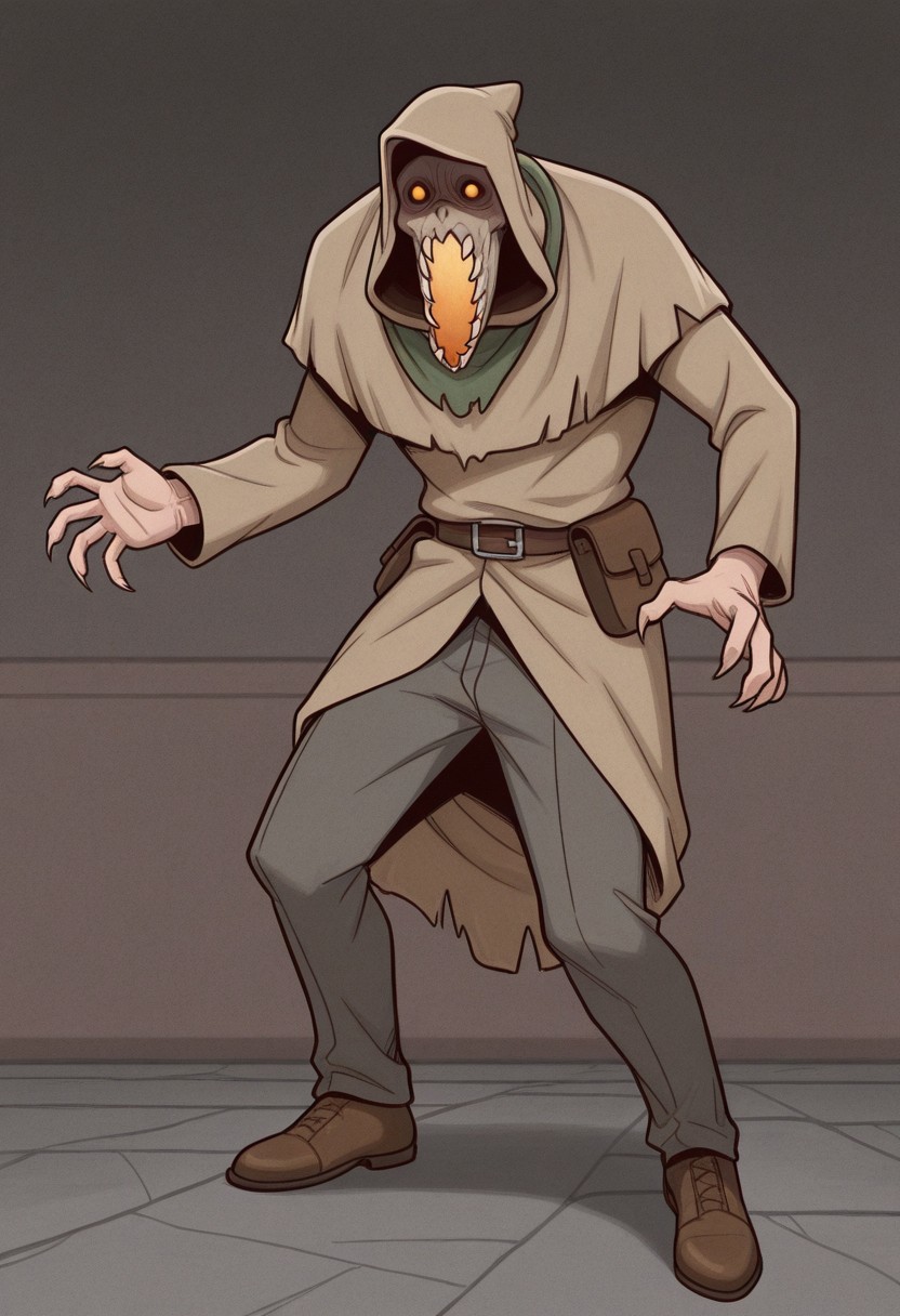 detailed, hires, absurd res, best quality, high quality, masterpiece, 4K, perfect eyes, perfect face, newest BREAK male, 1boy, solo, theblightdbd, orange eyes, open mouth, teeth, brown tunic, hood, pants, shoes, standing, full body