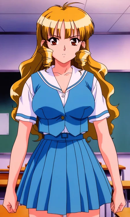 general,highres, ultra-detailed,very aesthetic,best quality ,best hands, BREAK <lora:Shimazu_Mio_YU-NO_OVA_IS:1>Shimazu_Mio(OVA), 1girl, solo, blonde hair, drill sidelocks, long hair, large breasts, brown eyes,
light blue school uniform, blue skirt, brown hair, pleated skirt, short sleeves, cowboy shot, standing, blue skirt, arms at sides, collarbone, light blue vest,
cross arms,
indoor, school room,