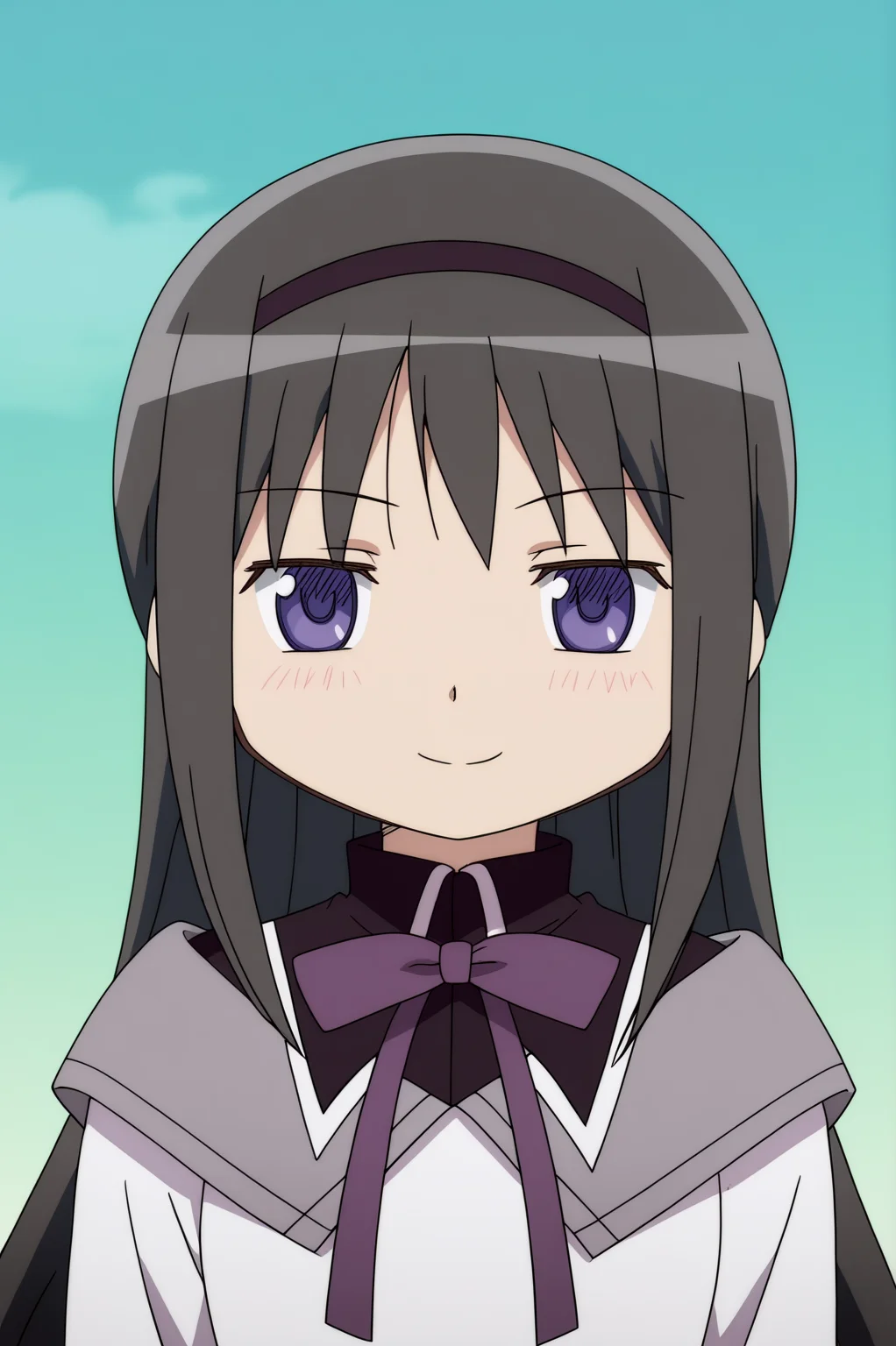 rating_safe,  anime screencap, consistent background,   Homura Akemi, light smile, upper body  <lora:Madoka-Homura_Akemi-PDXL:0.8>,